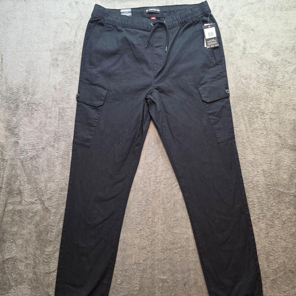 Airwalk Cargo Pants Mens 33x30 Black Elastic Waist Tapered Leg Canvas Pockets